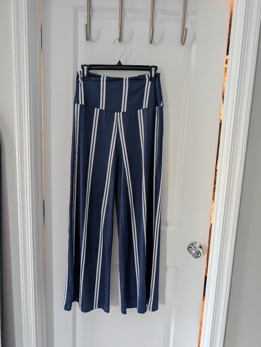 High-Waist Navy & White Vertical Stripe Wide-Leg Pants
